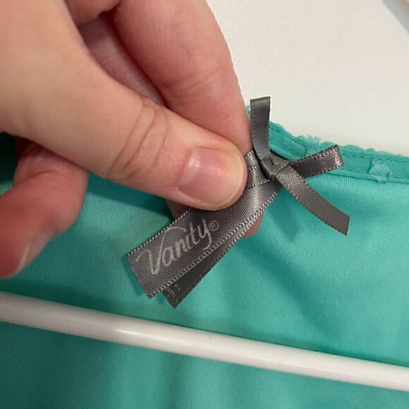 VANITY Aqua Seafoam Green Blue Swiss Dot Textured Mini Surplice Faux Wrap Dress - Picture 4 of 16